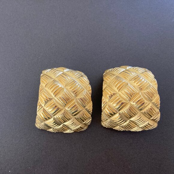 Anne Klein Gold Tone Basket Weave Clip On Earrings Vintage 1980s Chunky Gorgeous - Picture 10 of 13